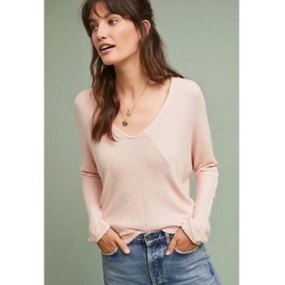 Pure and Good by Anthropologie Sweater Womens Medium Pink Waffle Knit Thermal - Picture 1 of 11
